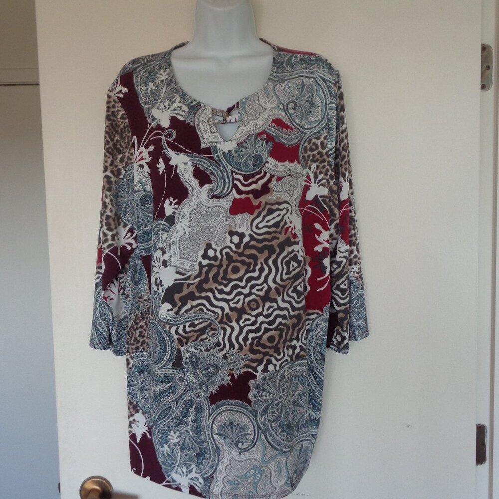 Chico's Mixed Paisley & Animal Print Tunic in Burgundy, Cream, Gray, Brown